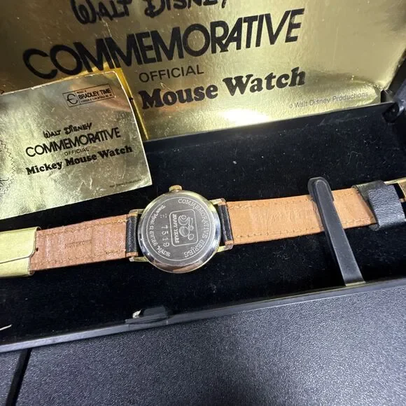 NICE! Bradley 50th Anniversary Mickey Mouse Round Gold Black Leather Watch J1975